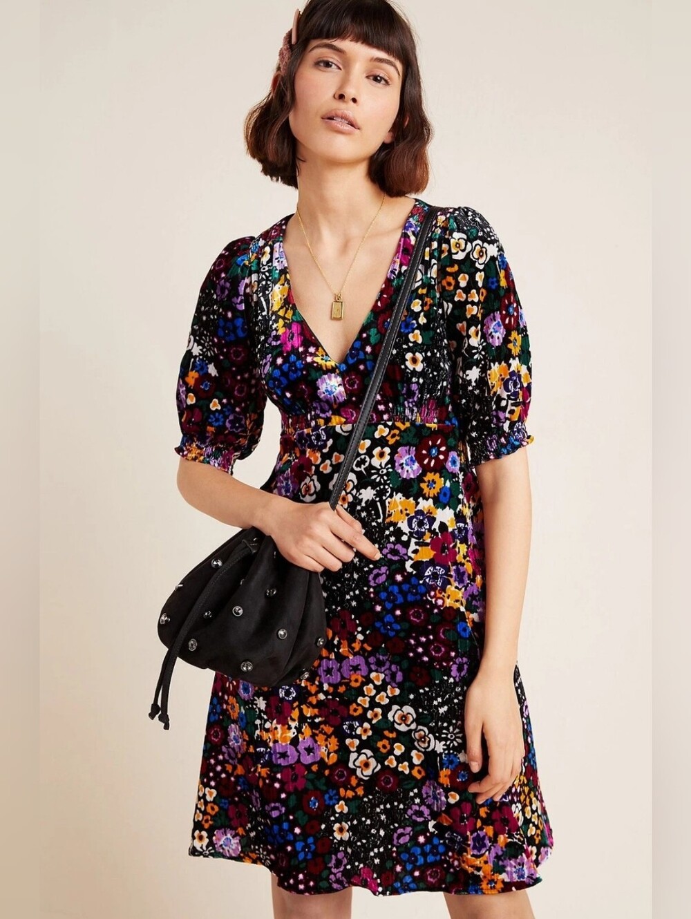 Anthropologie Francie Mini Floral Velvet Dress Size 6